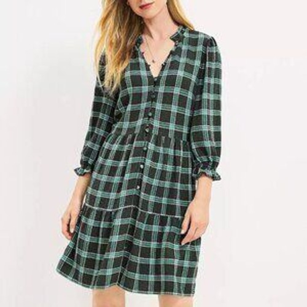 LOFT Petites Plaid Tiered Swing Mini Dress Ruffle Neck Green LP Cottagecore Fall